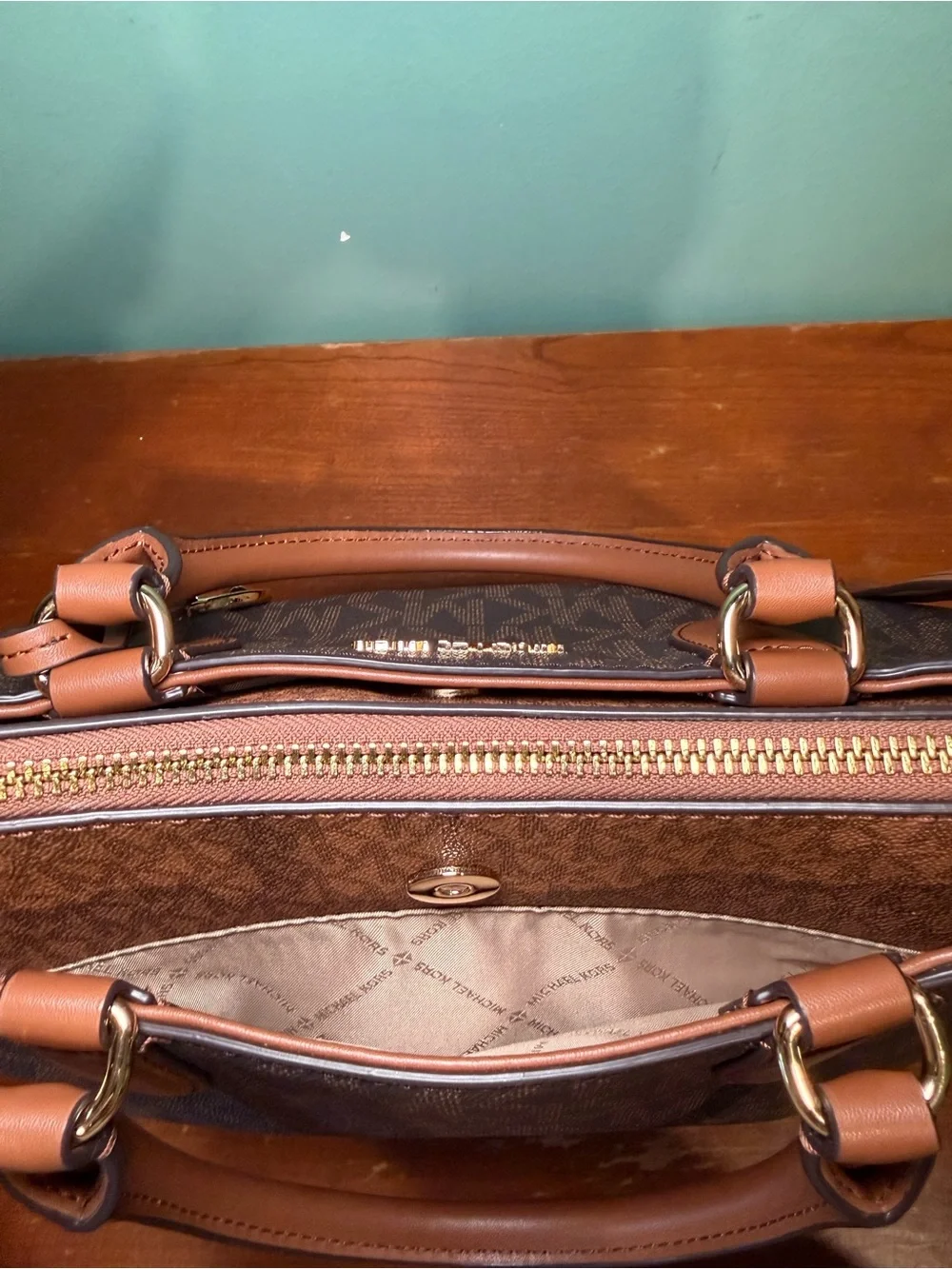 Michael Kors Brown and Tan Signature MK Tote with Gold Accent